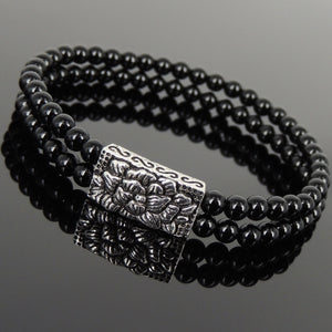 4mm Bright Black Onyx Healing Gemstone Double Wrap Bracelet with S925 Sterling Silver Vintage Lotus Charm - Handmade by Gem & Silver BR864