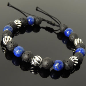 8mm Lapis Lazuli & Lava Rock Adjustable Braided Stone Bracelet with S925 Sterling Silver Artisan Beads - Handmade by Gem & Silver BR1061