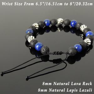 8mm Lapis Lazuli & Lava Rock Adjustable Braided Stone Bracelet with S925 Sterling Silver Artisan Beads - Handmade by Gem & Silver BR1061