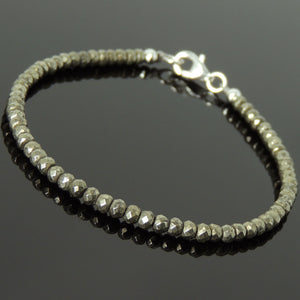 Faceted Gold Pyrite Healing Gemstone Bracelet with S925 Sterling Silver Spacer Beads & Clasp - Handmade by Gem & Silver BR1063
