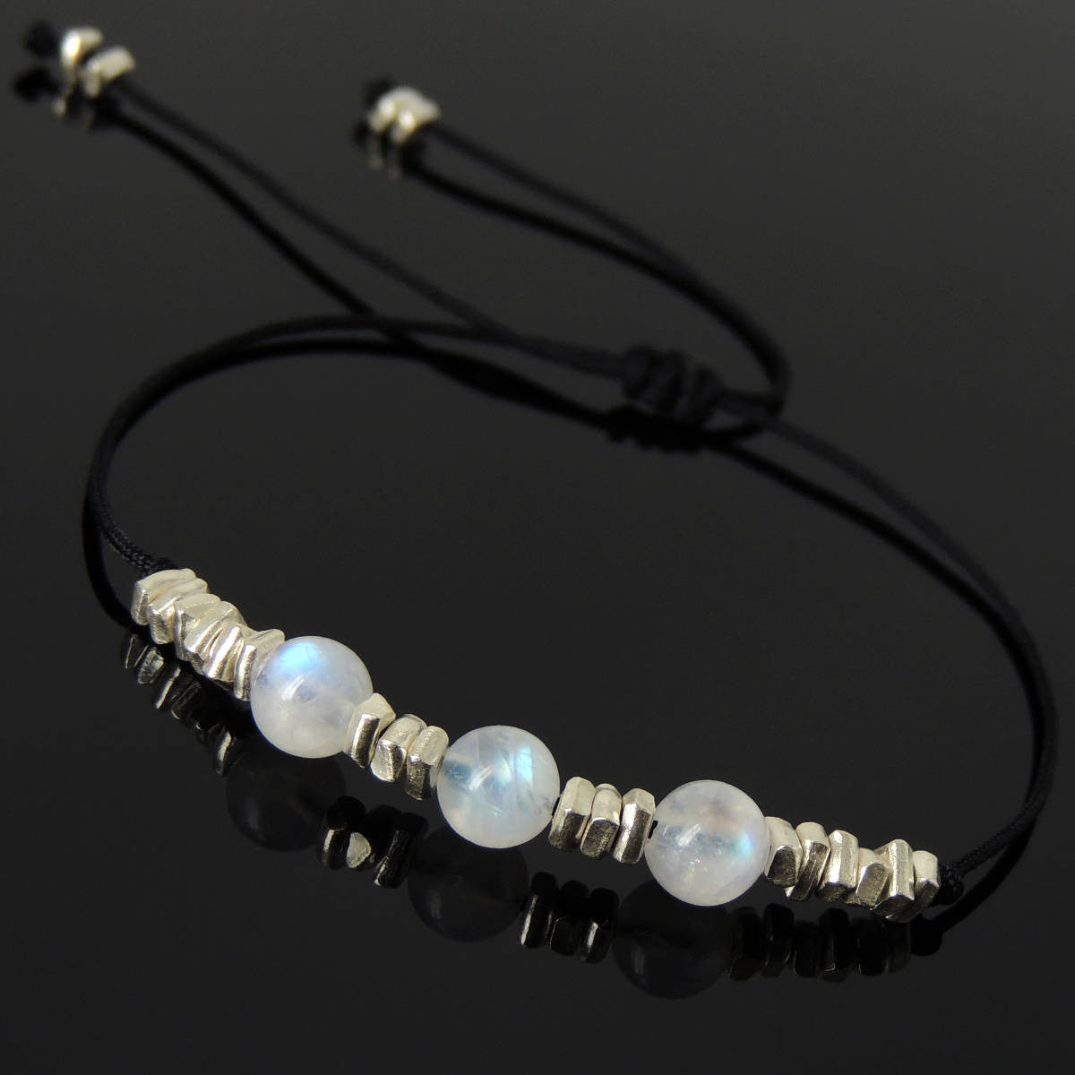 6mm Grade AA Moonstone Adjustable Braided Gemstone Bracelet with S925 Sterling Silver Nugget Beads - Handmade by Gem & Silver BR1121
