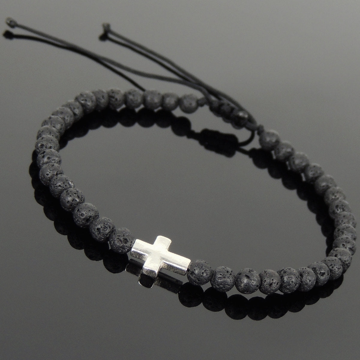 4mm Lava Rock Stone Adjustable Braided Bracelet with S925 Sterling Silver Holy Cross Charm - Handmade by Gem & Silver BR1065