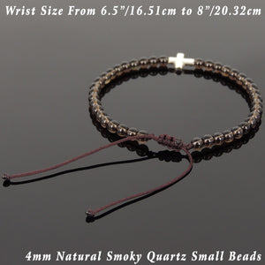 4mm Smoky Quartz Gemstone Adjustable Braided Bracelet with S925 Sterling Silver Holy Cross Charm - Handmade by Gem & Silver BR1066