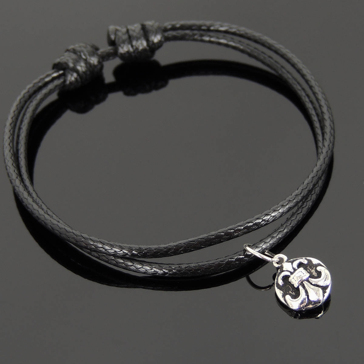 Adjustable Wax Rope Bracelet with S925 Sterling Silver Round Vintage Fleur de Lis Pendant for Positive Healing Energy - Handmade by Gem & Silver BR1127