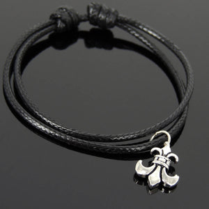 Adjustable Wax Rope Bracelet with S925 Sterling Silver Fleur de Lis Pendant for Positive Healing Energy - Handmade by Gem & Silver BR1128