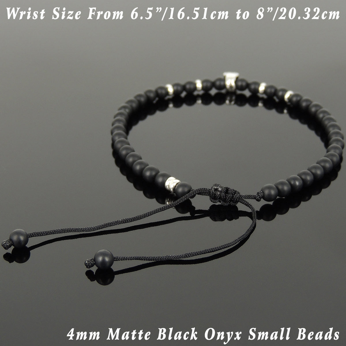 4mm Matte Black Onyx Adjustable Braided Gemstone Bracelet with S925 Sterling Silver Skull & Spacers Bead - Handmade by Gem & Silver BR1070