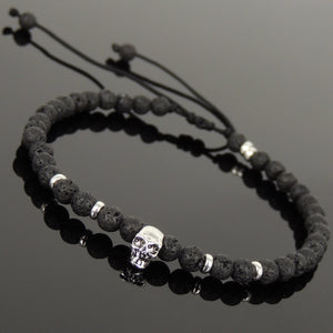 4mm Lava Rock Adjustable Braided Stone Bracelet with S925 Sterling Silver Skull & Spacers Bead - Handmade by Gem & Silver BR1071