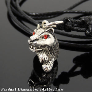 Adjustable Wax Rope Necklace with S925 Sterling Silver Jungle Cat Pendant & Garnet Gemstone Eyes - Handmade by Gem & Silver NK193
