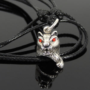 Adjustable Wax Rope Necklace with S925 Sterling Silver Jungle Cat Pendant & Garnet Gemstone Eyes - Handmade by Gem & Silver NK193
