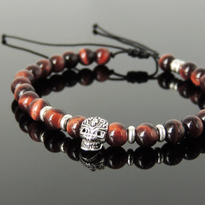 6mm Red Tiger Eye Adjustable Braided Gemstone Bracelet with S925 Sterling Silver Spacers & Day of the Dead Skull Bead - Handmade by Gem & Silver BR1081