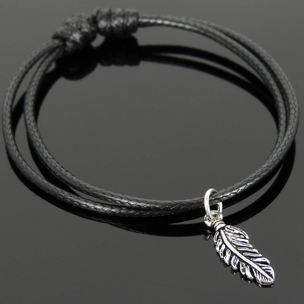 Adjustable Wax Rope Bracelet with S925 Sterling Silver Feather Pendant for Positive Healing Energy - Handmade by Gem & Silver BR1129