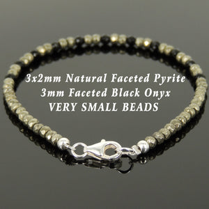3mm Faceted Bright Black Onyx & Gold Pyrite Healing Gemstone Bracelet with S925 Sterling Silver Spacer Beads & Clasp - Handmade by Gem & Silver BR1087