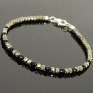 3mm Faceted Bright Black Onyx & Gold Pyrite Healing Gemstone Bracelet with S925 Sterling Silver Spacer Beads & Clasp - Handmade by Gem & Silver BR1087