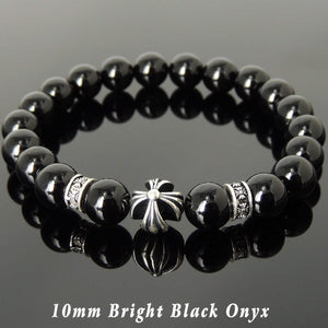 10mm Bright Black Onyx Healing Gemstone Bracelet with S925 Sterling Silver Cross & Spacer Beads - Handmade by Gem & Silver BR1089