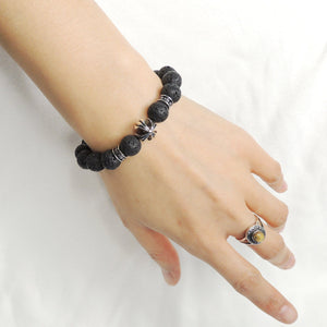 10mm Lava Rock Healing Stone Bracelet with S925 Sterling Silver Cross & Spacer Beads - Handmade by Gem & Silver BR1093