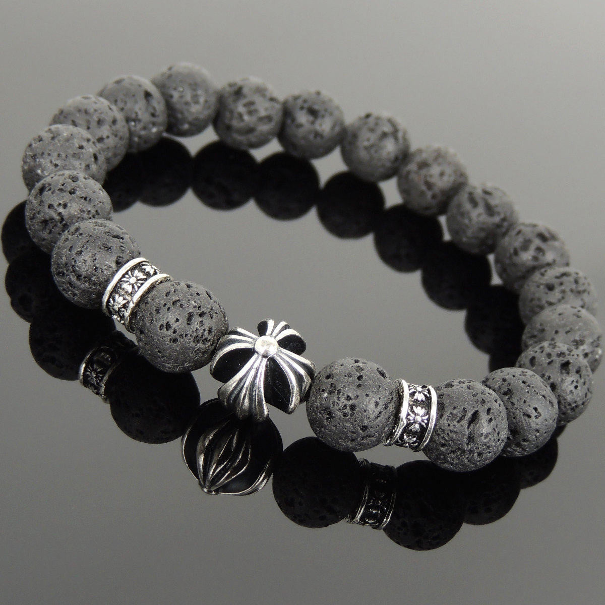 10mm Lava Rock Healing Stone Bracelet with S925 Sterling Silver Cross & Spacer Beads - Handmade by Gem & Silver BR1093