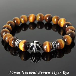 10mm Brown Tiger Eye Healing Gemstone Bracelet with S925 Sterling Silver Cross & Spacer Beads - Handmade by Gem & Silver BR1095