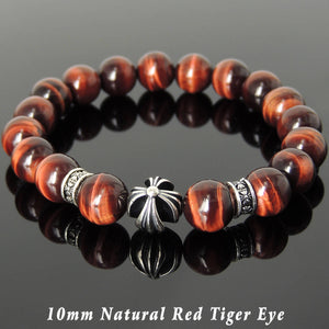10mm Red Tiger Eye Healing Gemstone Bracelet with S925 Sterling Silver Cross & Spacer Beads - Handmade by Gem & Silver BR1096