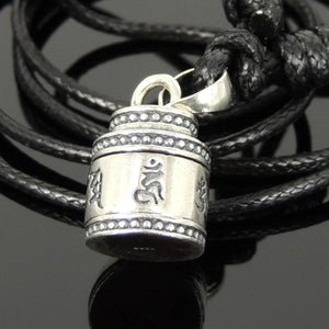 Adjustable Wax Rope Necklace with S925 Sterling Silver Buddhist OM Meditation Vial Pendant - Handmade by Gem & Silver NK184