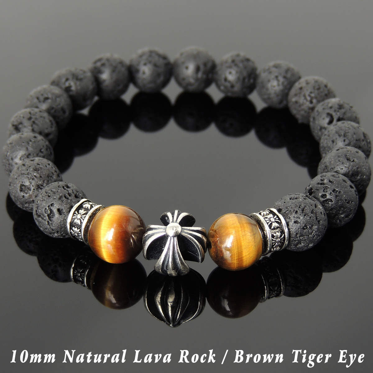 10mm Brown Tiger Eye & Lava Rock Healing Gemstone Bracelet with S925 Sterling Silver Cross & Spacer Beads - Handmade by Gem & Silver BR1102