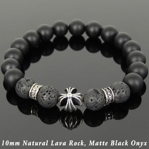 10mm Matte Black Onyx & Lava Rock Healing Gemstone Bracelet with S925 Sterling Silver Cross & Spacer Beads - Handmade by Gem & Silver BR1107