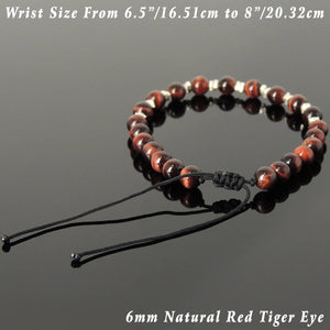 6mm Red Tiger Eye Adjustable Braided Gemstone Bracelet with S925 Sterling Silver Nugget Beads - Handmade by Gem & Silver BR1108