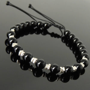 6mm Bright Black Onyx Adjustable Braided Bracelet with S925 Sterling Silver Nugget Beads - Handmade by Gem & Silver BR1109