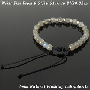 6mm Labradorite Adjustable Braided Bracelet with S925 Sterling Silver Handmade Nugget Beads - Handmade by Gem & Silver BR1110