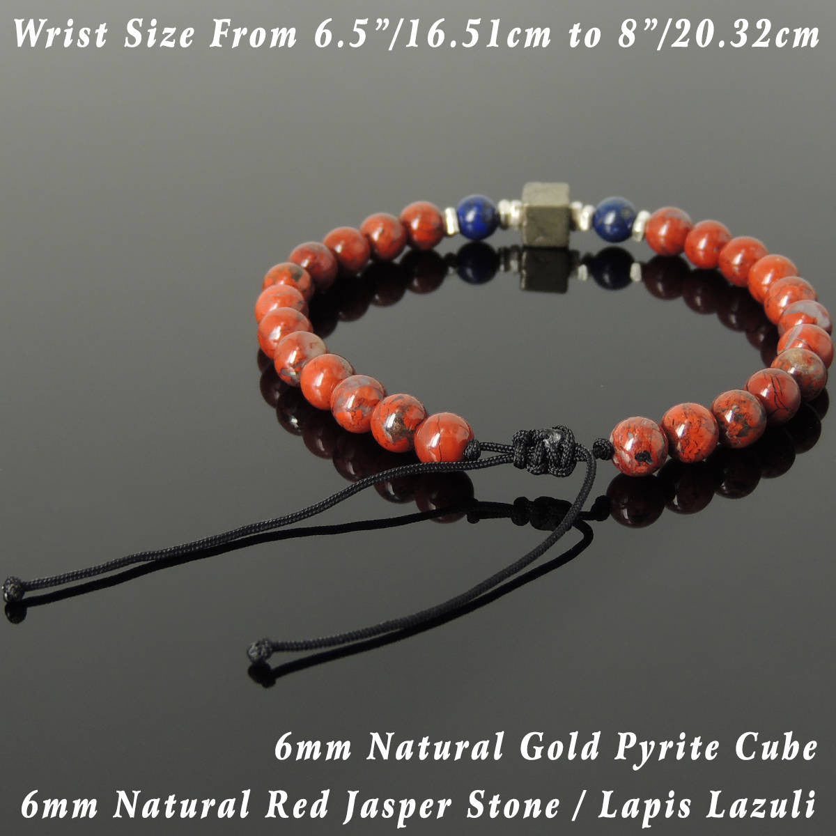 6mm Red Jasper & Lapis Lazuli with Pyrite Cube Adjustable Braided Healing Gemstone Bracelet with S925 Sterling Silver Nugget Beads - Handmade by Gem & Silver BR1112