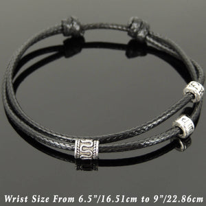Adjustable Wax Rope Bracelet with S925 Sterling Silver Barrel & Meditation OM Beads - Handmade by Gem & Silver BR1114