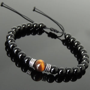 Black Onyx & Brown Tiger Eye Adjustable Braided Bracelet with S925 Sterling Silver Celtic Cross Spacer Charms - Handmade by Gem & Silver BR1116