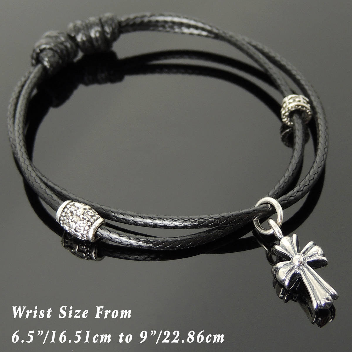 Adjustable Wax Rope Bracelet with S925 Sterling Silver Vintage Cross Pendant & Barrel Spacer Beads - Handmade by Gem & Silver BR1118