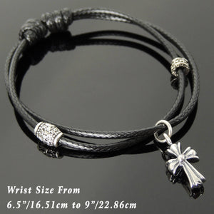 Adjustable Wax Rope Bracelet with S925 Sterling Silver Vintage Cross Pendant & Barrel Spacer Beads - Handmade by Gem & Silver BR1118