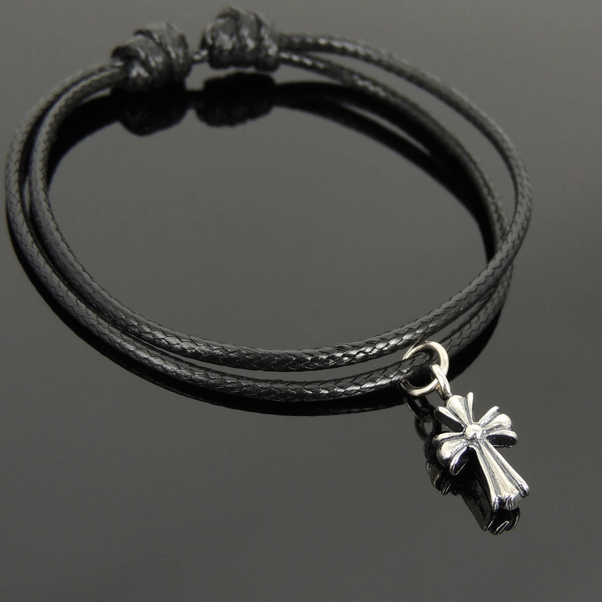 Adjustable Wax Rope Bracelet with S925 Sterling Silver Vintage Cross Pendant - Handmade by Gem & Silver BR1119