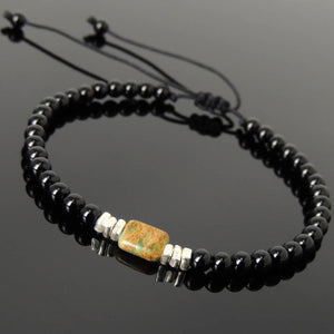 Snake Skin Stone & Bright Black Onyx Adjustable Braided Gemstone Bracelet with S925 Sterling Silver Nugget Beads - Handmade by Gem & Silver BR1123
