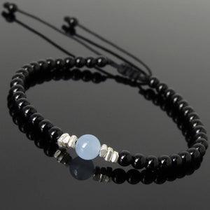 Aquamarine & Bright Black Onyx Adjustable Braided Bracelet with S925 Sterling Silver Nugget Beads - Handmade by Gem & Silver BR1124