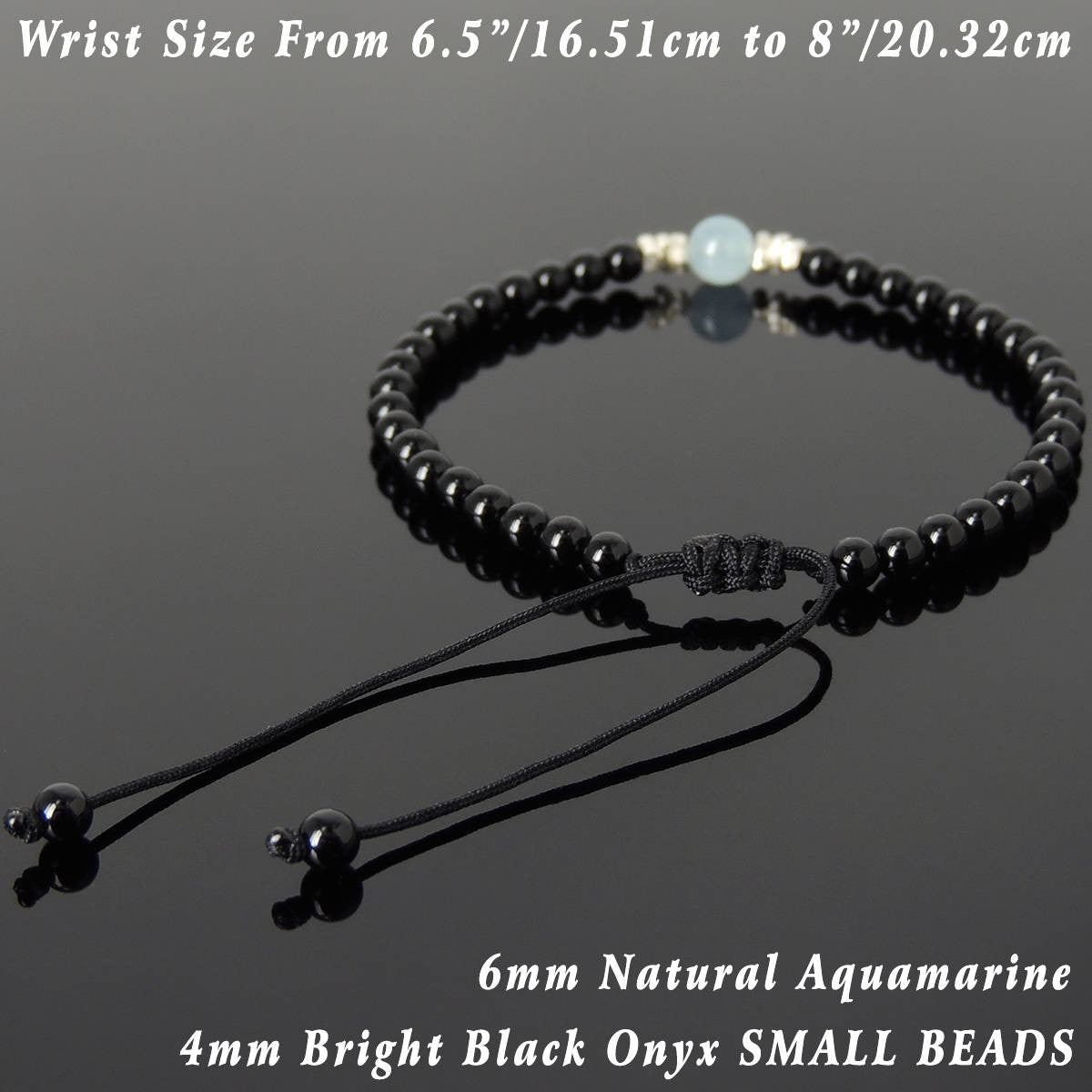 Aquamarine & Bright Black Onyx Adjustable Braided Bracelet with S925 Sterling Silver Nugget Beads - Handmade by Gem & Silver BR1124