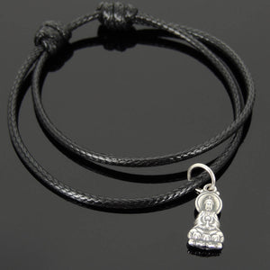 Adjustable Wax Rope Bracelet with S925 Sterling Silver Guanyin Buddha Pendant for Positive Healing Energy - Handmade by Gem & Silver BR1126