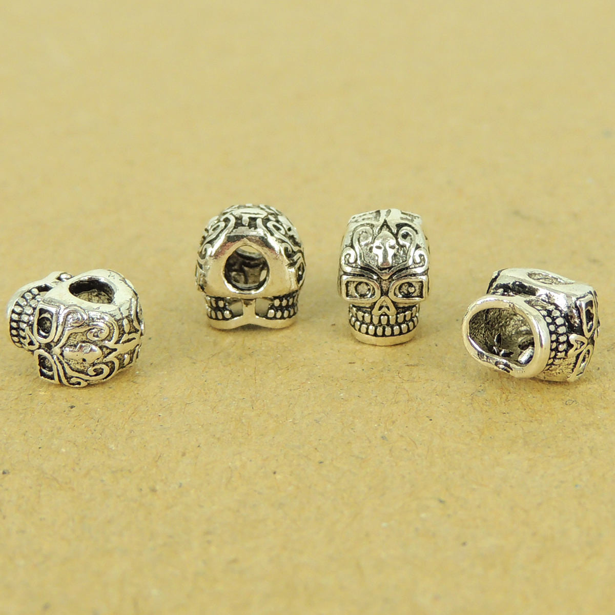 4 PCS Day of the Dead Inspired Skull Beads - Double Sided Design S925 Sterling Silver - Wholesale by Gem & Silver WSP543X4
