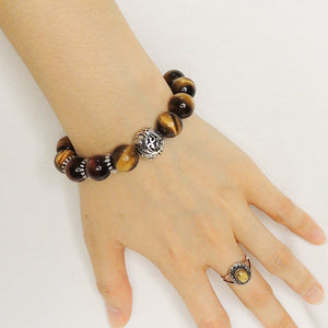 12mm Brown & Red Tiger Eye Healing Gemstone Bracelet with S925 Sterling Silver Bead and Spacers - Handmade by Gem & Silver BR158