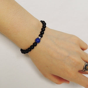 Matte Black Onyx & Lapis Lazuli Healing Gemstone Bracelet with S925 Sterling Silver Buddhist Protection Spacer Bead - Handmade by Gem & Silver BR193