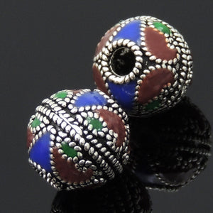 4 PCS Vintage Hand-painted Nepalese Beads - S925 Sterling Silver WSP012X4