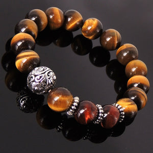 12mm Brown & Red Tiger Eye Healing Gemstone Bracelet with S925 Sterling Silver Bead and Spacers - Handmade by Gem & Silver BR158