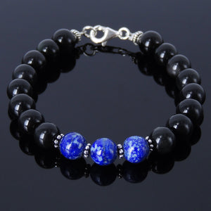 8mm Rainbow Black Obsidian & Lapis Lazuli Healing Gemstone Bracelet with S925 Sterling Silver Spacer Beads & Clasp - Handmade by Gem & Silver BR120