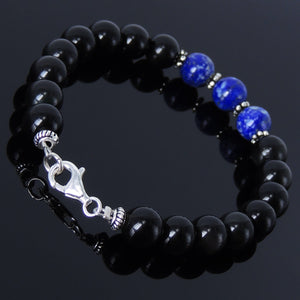 8mm Rainbow Black Obsidian & Lapis Lazuli Healing Gemstone Bracelet with S925 Sterling Silver Spacer Beads & Clasp - Handmade by Gem & Silver BR120