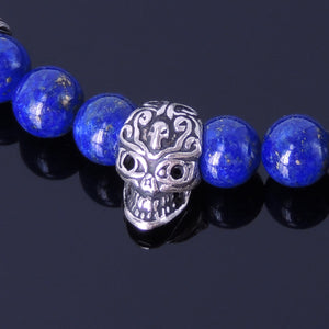6mm Lapis Lazuli & Matte Black Onyx Healing Gemstone Bracelet with S925 Sterling Silver Day of the Dead Sugar Skull Bead & Fleur de Lis Spacers- Handmade by Gem & Silver BR249