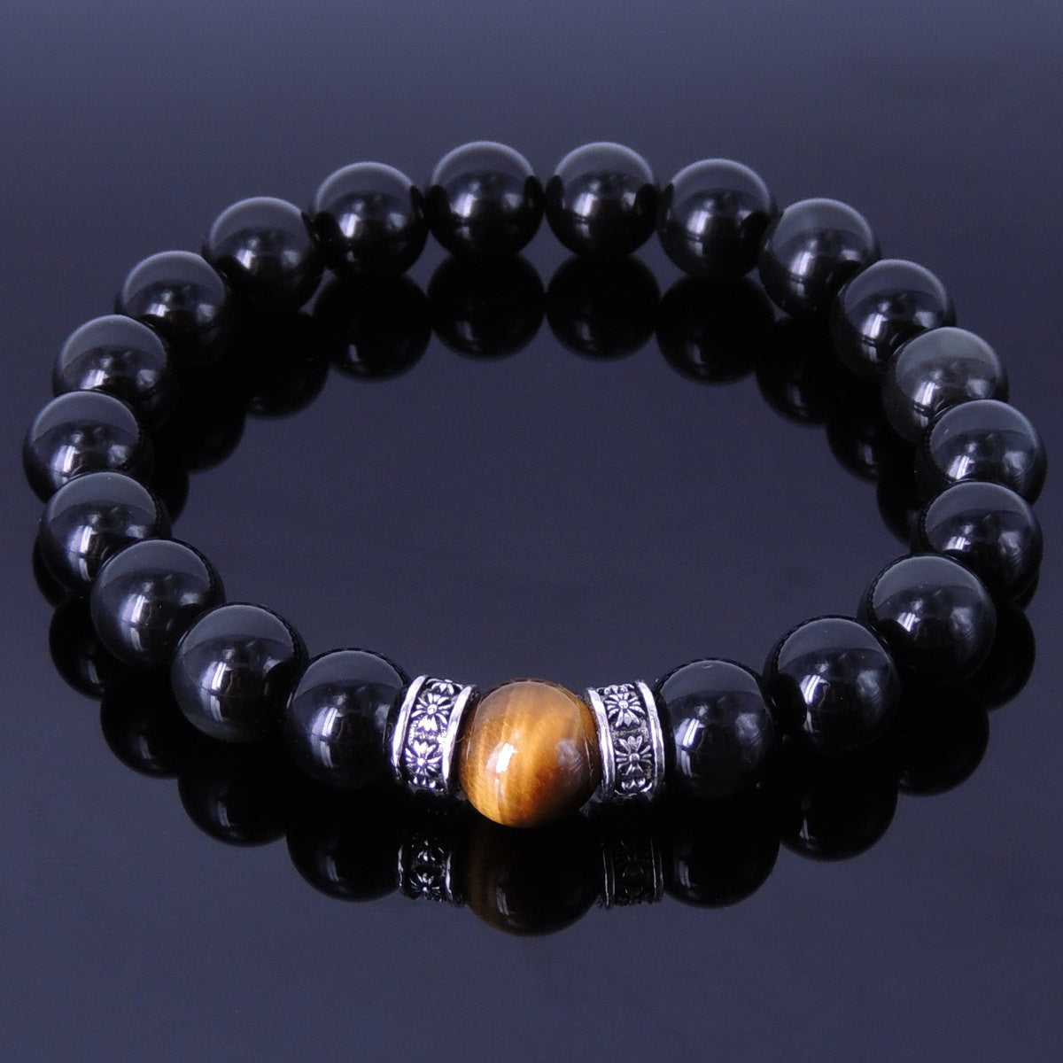 Black Obsidian & Brown Tiger Eye Healing Gemstone Bracelet with S925 Sterling Silver Cross Spacers - Handmade by Gem & Silver BR163