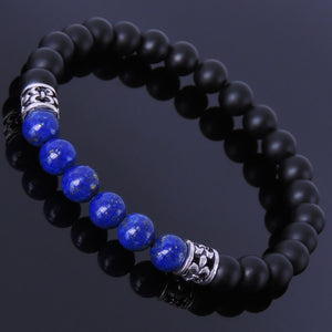 6mm Lapis Lazuli & Matte Black Onyx Healing Gemstone Bracelet with S925 Sterling Silver Fleur de Lis Barrel Beads - Handmade by Gem & Silver BR251