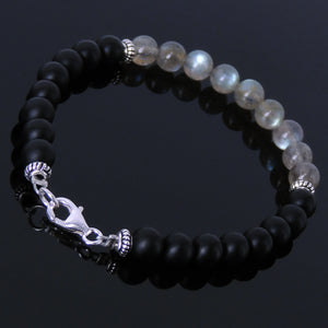 6mm Labradorite & Matte Black Onyx Healing Gemstone Bracelet with S925 Sterling Silver Spacer Beads & Clasp - Handmade by Gem & Silver BR161