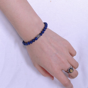 6mm Lapis Lazuli Healing Gemstone Bracelet with S925 Sterling Silver Fleur de Lis Barrel Bead - Handmade by Gem & Silver BR257E